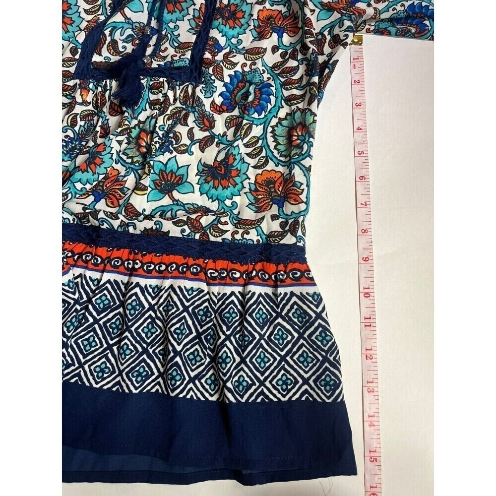 Daniel Rainn Floral Boho Blouse Crochet Tassel Peasant Long Sleeve Blue Sz S 349 - Picture 7 of 9